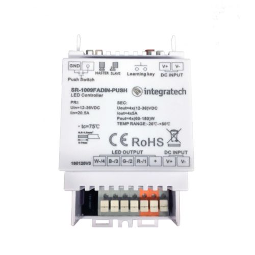 Integratech RF ontvanger + push 12-36VDC PWM 4x5A DIN-rail